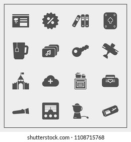 Modern, simple vector icon set with flight, fashion, drink, play, castle, building, medieval, sale, wireless, cooking, communication, antenna, cloud, signal, teapot, office, air, tea, food, bag icons