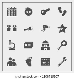 Modern, simple vector icon set with sad, footwear, infant, document, beach, human, fashion, calendar, culture, kid, person, travel, day, wrench, spanner, timetable, flip, toy, flashlight, summer icons