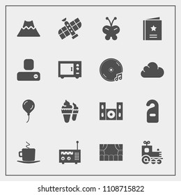 Modern, simple vector icon set with lava, butterfly, food, space, home, ice, white, nature, toy, cinema, station, technology, cappuccino, coffee, cream, travel, beauty, label, radio, landscape icons