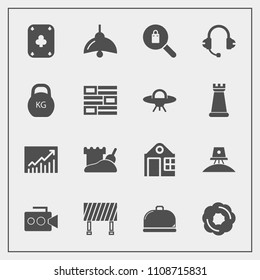 Modern, simple vector icon set with science, film, doughnut, space, woman, estate, electricity, building, trend, business, fashion, spaceship, dessert, background, handle, restaurant, poker icons