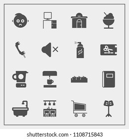 Modern, simple vector icon set with trolley, healthy, mixer, kid, fruit, baby, cart, icecream, apple, bathroom, office, musical, box, volume, book, retail, sound, building, market, toilet, music icons