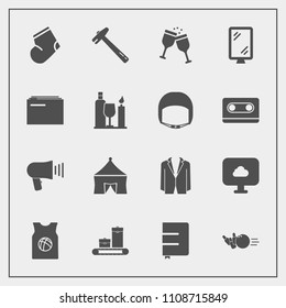 Modern, simple vector icon set with bag, paper, fun, document, banner, luggage, wine, alcohol, warm, tool, sport, basketball, page, information, pin, suit, notebook, hammer, cloud, file, spanner icons
