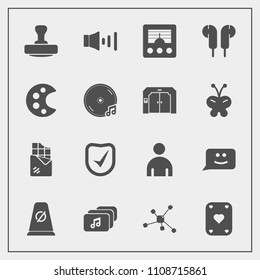 Modern, simple vector icon set with technology, volume, poker, boy, game, album, chocolate, speaker, dessert, food, smile, nature, radio, wireless, sweet, check, communication, sound, audio, art icons