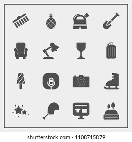 Modern, simple vector icon set with fruit, music, sale, stroke, ecommerce, food, sound, camera, shape, construction, photographer, fresh, chicken, nature, exotic, meat, cake, pineapple, tropical icons