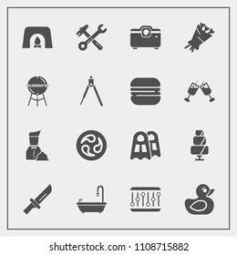 Modern, simple vector icon set with beautiful, barbecue, warm, blossom, concept, flower, dinner, sport, doughnut, restaurant, fire, sweet, dessert, hammer, fireplace, floral, cooking, play, cake icons