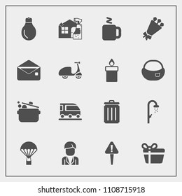 Modern, simple vector icon set with man, hygiene, bath, housework, box, cup, sky, parachute, light, celebration, transportation, drink, male, recycling, gift, water, train, danger, garbage, idea icons