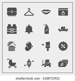 Modern, simple vector icon set with lock, chef, price, sailboat, restroom, truck, music, beauty, wc, transport, public, lips, stroller, clothes, ship, child, file, cargo, baby, teeth, pram, car icons