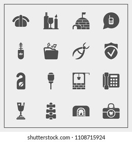 Modern, simple vector icon set with fitness, stone, fireplace, equipment, sushi, snow, bucket, lantern, gym, ice, fish, fire, salmon, old, communication, warm, motel, health, hotel, well, care icons