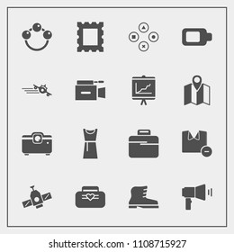 Modern, simple vector icon set with infant, technology, shirt, megaphone, frame, station, computer, man, border, male, rattle, flight, play, energy, communication, airplane, business, baby, bag icons
