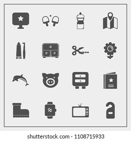 Modern, simple vector icon set with motel, nature, drawer, ocean, favour, privacy, wildlife, favorite, hotel, game, television, broom, swine, toothpaste, cleaner, label, travel, sport, piglet icons