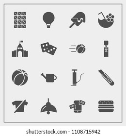 Modern, simple vector icon set with sign, sweet, food, glass, dessert, summer, juice, phone, ball, clothing, cream, electricity, communication, parachute, ice, gardening, lamp, chat, medieval icons