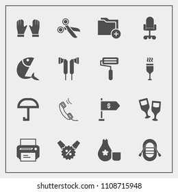 Modern, simple vector icon set with food, data, communication, wine, boat, printer, price, sea, umbrella, business, office, cuisine, finance, travel, tool, white, money, document, glass, machine icons