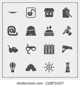 Modern, simple vector icon set with sea, helm, travel, ocean, parachute, balloon, sport, mower, lawn, camp, outdoor, open, tent, rudder, time, light, ship, timetable, garden, sign, lock, wheel icons