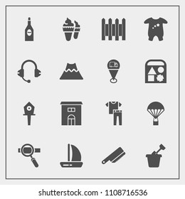 Modern, simple vector icon set with child, building, fence, cutlery, fashion, shirt, clothes, alcohol, play, wall, kitchen, collection, wine, sweet, jump, summer, extreme, real, boat, wind, bird icons