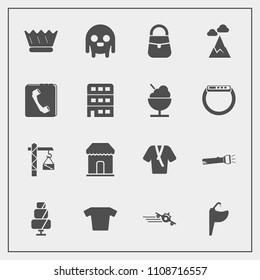 Modern, simple vector icon set with alien, dessert, queen, crown, flight, food, departure, travel, royal, airplane, shirt, faucet, cake, phone, fiction, ufo, plane, space, bathroom, sweet, book icons