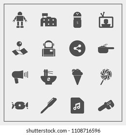 Modern, simple vector icon set with note, chinese, architecture, machine, astronaut, cream, pin, pepper, location, spice, pen, office, bowl, sound, sweet, cosmos, technology, hammer, map, ice icons