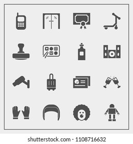 Modern, simple vector icon set with airport, belt, certificate, phone, glass, safety, telephone, alcohol, work, handle, luggage, old, baggage, chart, character, diploma, achievement, security icons
