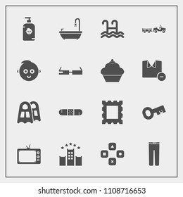 Modern, simple vector icon set with clothes, water, pool, modern, pants, smart, sea, hotel, bathroom, sweet, fashion, picture, bed, shipping, baby, health, border, vacation, kid, play, truck, tv icons