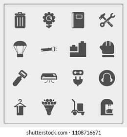 Modern, simple vector icon set with trash, spring, warehouse, delivery, floral, nature, clothing, drink, power, wrench, can, hanger, pink, conditioning, coffee, bin, notebook, hammer, cargo, air icons