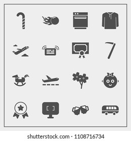 Modern, simple vector icon set with cute, space, travel, stove, alcohol, bar, beer, sweet, award, kid, airplane, appliance, first, food, transportation, technology, gas, childhood, astronomy icons