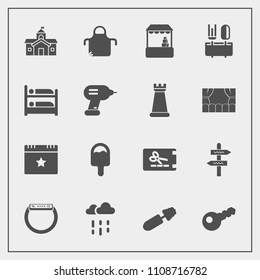 Modern, simple vector icon set with pinafore, fashion, grocery, rainy, price, icecream, smart, event, arrow, shop, house, coupon, market, food, wet, city, key, way, chef, brush, gadget, rain icons