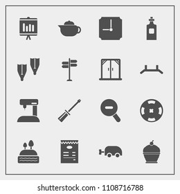 Modern, simple vector icon set with breakfast, hot, sew, web, baby, bottle, tea, equipment, work, screwdriver, cake, flipper, repair, beverage, construction, clock, hour, summer, liquid, food icons