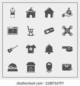 Modern, simple vector icon set with shop, sign, flight, office, medieval, architecture, business, child, finance, guitar, building, online, location, clothes, baby, tower, music, equipment, map icons