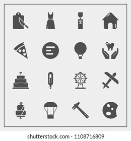 Modern, simple vector icon set with spanner, wheel, estate, eye, real, doughnut, sign, building, food, travel, airplane, hot, kitchen, cutlery, dessert, balloon, fork, female, restaurant, pizza icons