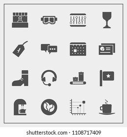Modern, simple vector icon set with sound, boot, grocery, market, equipment, luggage, national, cafe, tag, snorkel, data, nation, water, cup, sea, store, headphone, summer, glass, america, food icons