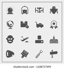 Modern, simple vector icon set with brush, flight, church, restaurant, room, music, sorcery, dinner, robot, family, table, travel, hotel, airplane, cyborg, business, alien, monster, musical, ufo icons