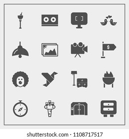 Modern, simple vector icon set with light, map, computer, compass, animal, screen, sign, casette, scary, clown, drawer, love, furniture, creative, sofa, paper, character, liquid, pigeon, music icons
