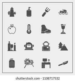 Modern, simple vector icon set with cosmonaut, vessel, luggage, space, environment, boat, sea, nature, office, candy, kitchen, business, fork, food, forest, ocean, knife, dinner, liquid, sweet icons