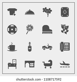 Modern, simple vector icon set with brush, cappuccino, home, furniture, office, mascara, blossom, phone, cup, fashion, vehicle, clothes, airport, plane, service, money, drink, cafe, shirt, food icons