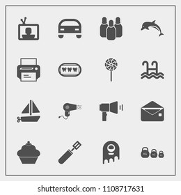 Modern, simple vector icon set with monster, dessert, transportation, mail, food, dryer, machine, animal, bowling, space, sport, message, ufo, television, ball, vehicle, kilogram, printer, boat icons
