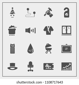 Modern, simple vector icon set with coupon, meat, home, label, concept, helmet, office, discount, hat, map, party, graph, travel, agenda, tv, birthday, chair, construction, drop, drink, sign icons