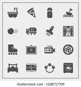 Modern, simple vector icon set with sail, child, bathroom, sailboat, spice, yacht, seasoning, housework, lunch, bowling, television, nautical, japan, mon, skate, pepper, salt, toy, food, pizza icons