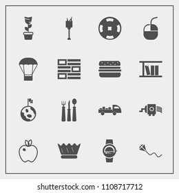 Modern, simple vector icon set with globe, home, luxury, pot, drink, joy, fruit, truck, green, earth, fun, knife, gadget, wine, money, planet, bucket, cooking, crown, alcohol, summer, space, sky icons