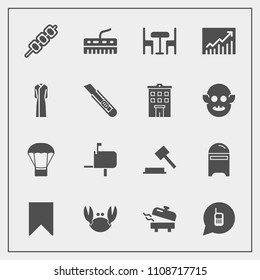 Modern, simple vector icon set with mail, table, heater, business, keyboard, message, music, furniture, envelope, trend, crab, food, graph, hot, chair, justice, law, communication, female, post icons