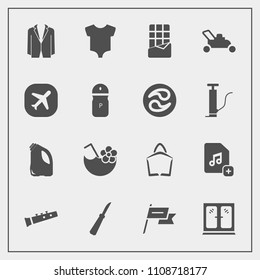 Modern, simple vector icon set with dessert, airplane, food, sound, knife, glass, can, nation, sale, baby, patriotism, juice, home, bar, garden, child, business, chocolate, summer, kid, suit,  icons