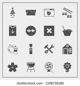 Modern, simple vector icon set with dessert, bbq, grill, broom, estate, barbecue, sweet, website, birthday, wrench, spring, gallon, meat, check, pie, sign, flower, blossom, cooking, spanner, air icons