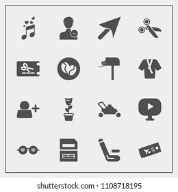 Modern, simple vector icon set with add, video, championship, sign, file, account, fashion, competitive, grass, media, document, save, pot, sunglasses, home, match, plane, lawn, flight, avatar icons