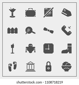 Modern, simple vector icon set with lock, tag, business, style, sign, sale, glass, dont, restaurant, rice, wash, footwear, fence, cocktail, futuristic, object, bar, leather, banking, security icons