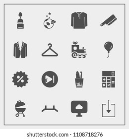 Modern, simple vector icon set with cutlery, accounting, cloud, pull, exploration, video, dessert, clothing, kitchen, sale, calculator, percent, table, jacket, price, grill, dental, toothbrush icons