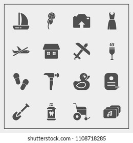 Modern, simple vector icon set with brush, sound, travel, shovel, clean, file, child, fashion, wheelchair, hammer, tool, photo, duck, aircraft, health, sign, construction, identity, upload, wine icons