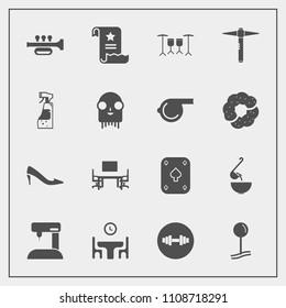 Modern, simple vector icon set with pin, whistle, sewing, housework, alien, bottle, poker, space, game, referee, trumpet, file, drum, table, monster, shoe, equipment, paper, dinner, spray, ufo icons