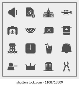 Modern, simple vector icon set with houseboat, city, cotton, hour, building, crown, account, file, religious, home, drink, fireplace, add, juice, delete, time, service, repair, cold, clock, tool icons