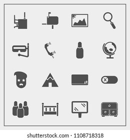 Modern, simple vector icon set with adventure, bed, sport, turn, retro, education, table, tent, deactivate, baby, cone, bowling, fashion, street, school, message, travel, box, banner, child, off icons