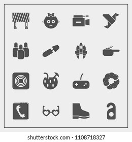 Modern, simple vector icon set with baby, air, juice, road, cocktail, motel, play, drink, summer, sad, paper, television, phone, internet, origami, food, sign, footwear, camera, cute, label, kid icons