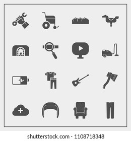 Modern, simple vector icon set with music, battery, construction, belt, healthy, box, white, add, tool, horse, pants, happy, foreman, fashion, full, equipment, fruit, energy, clothes, trousers icons