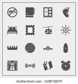 Modern, simple vector icon set with hair, lifestyle, pin, furniture, cabinet, child, travel, tire, light, concept, baby, interior, bow, alarm, time, departure, automobile, road, home, notebook icons